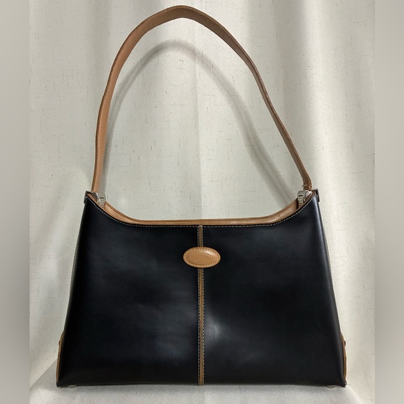 Tod's Handbags - Tod’s Black Leather Shoulder Bag Adjustable Strap Tan Trim Italy